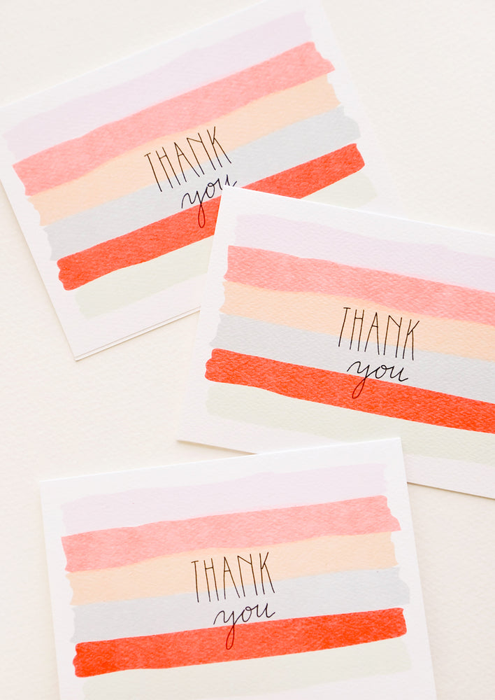 1: Set of watercolor stripe Notecards with the text "Thank you"