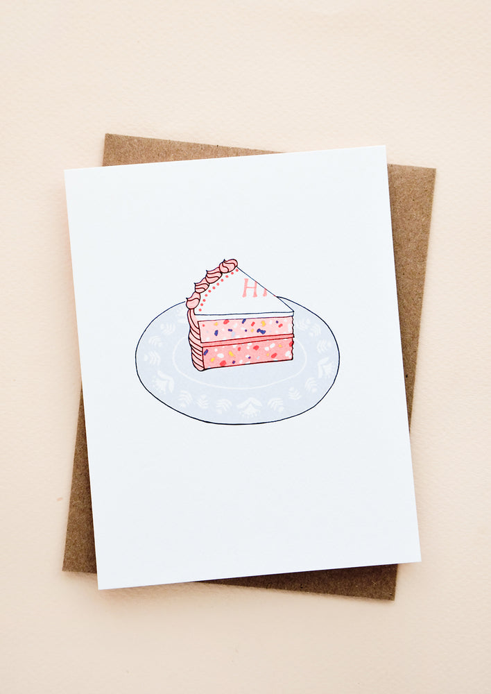 Greeting card with single slice of birthday cake on a plate.