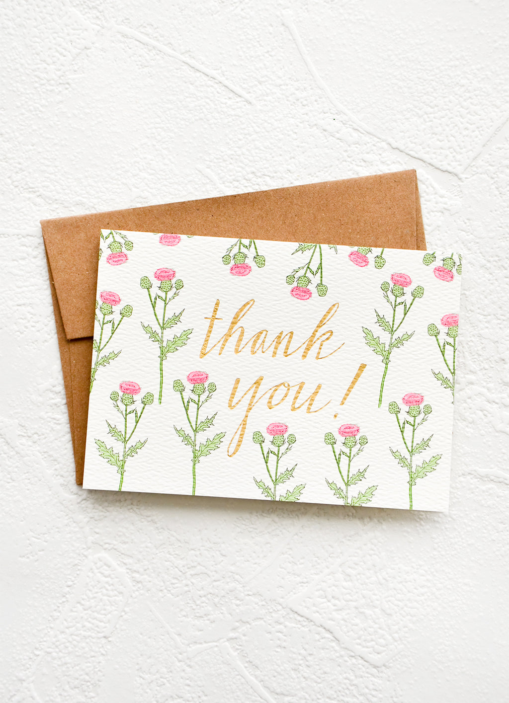 2: Thistle printed thank you card with gold letters, paired with kraft envelope.