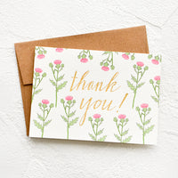 2: Thistle printed thank you card with gold letters, paired with kraft envelope.