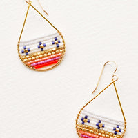 Pink / Orange Multi: Gold teardrop shaped earrings with small beads in white, blue, pink, orange, and gold filling with lower portion of teardrop.