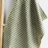 Olive Green: A woven gingham linen tea towel in olive green color.