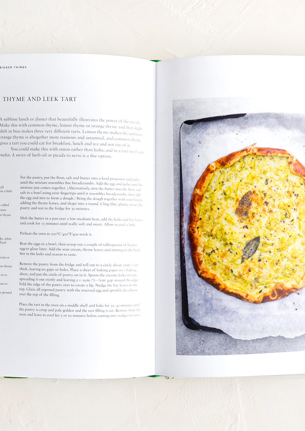 3: A page in a book with a recipe for a lemon and leek tart.