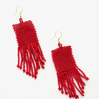 Cherry: Red rectangular taper fringe beaded earrings.