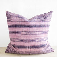 1: Square throw pillow in lavender colored vintage hemp with indigo stripes