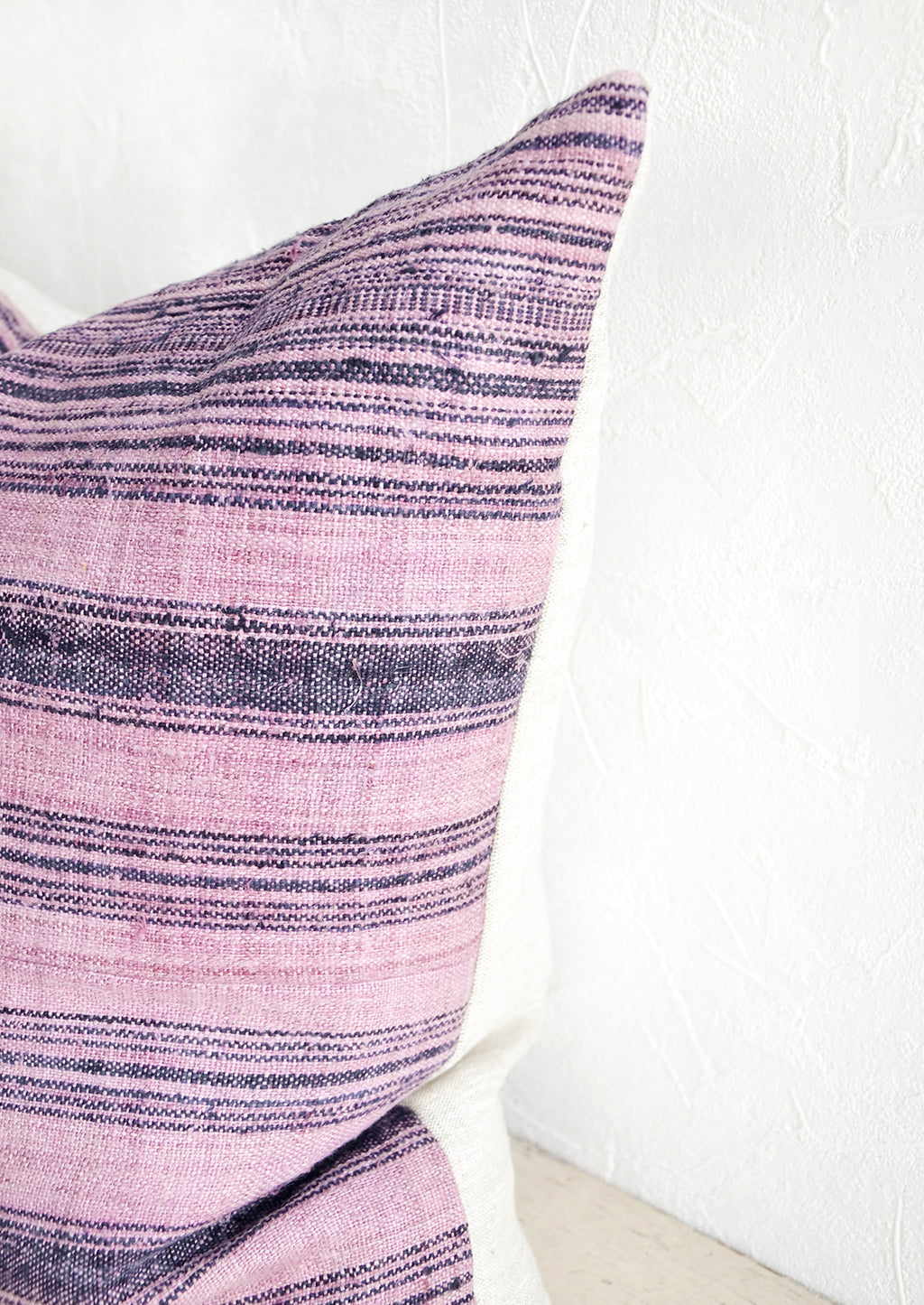 2: Square pillow in striped vintage hemp fabric with natural linen backing