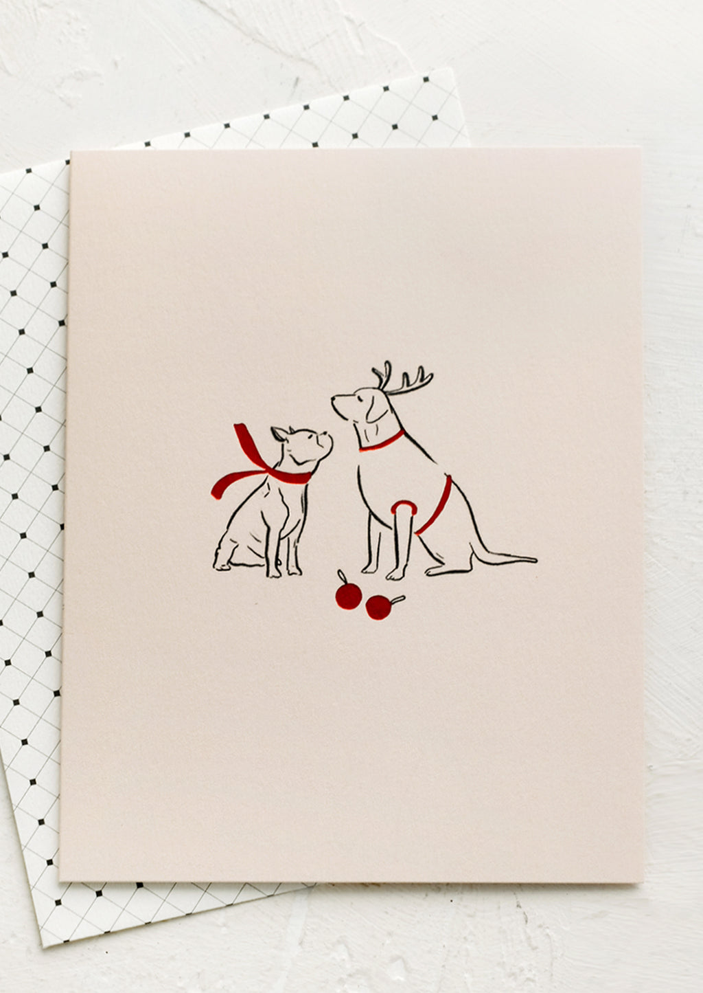 2: A card with illustration of two dogs wearing red scarves.