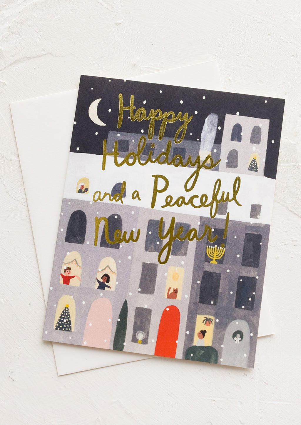 2: An illustrated greeting card featuring apartment building with window scenes.