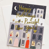 2: An illustrated greeting card featuring apartment building with window scenes.