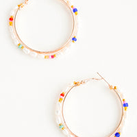 1: Round hoop earrings with beaded outer layer of pearls and colored glass seed beads and rosegold inner hoop
