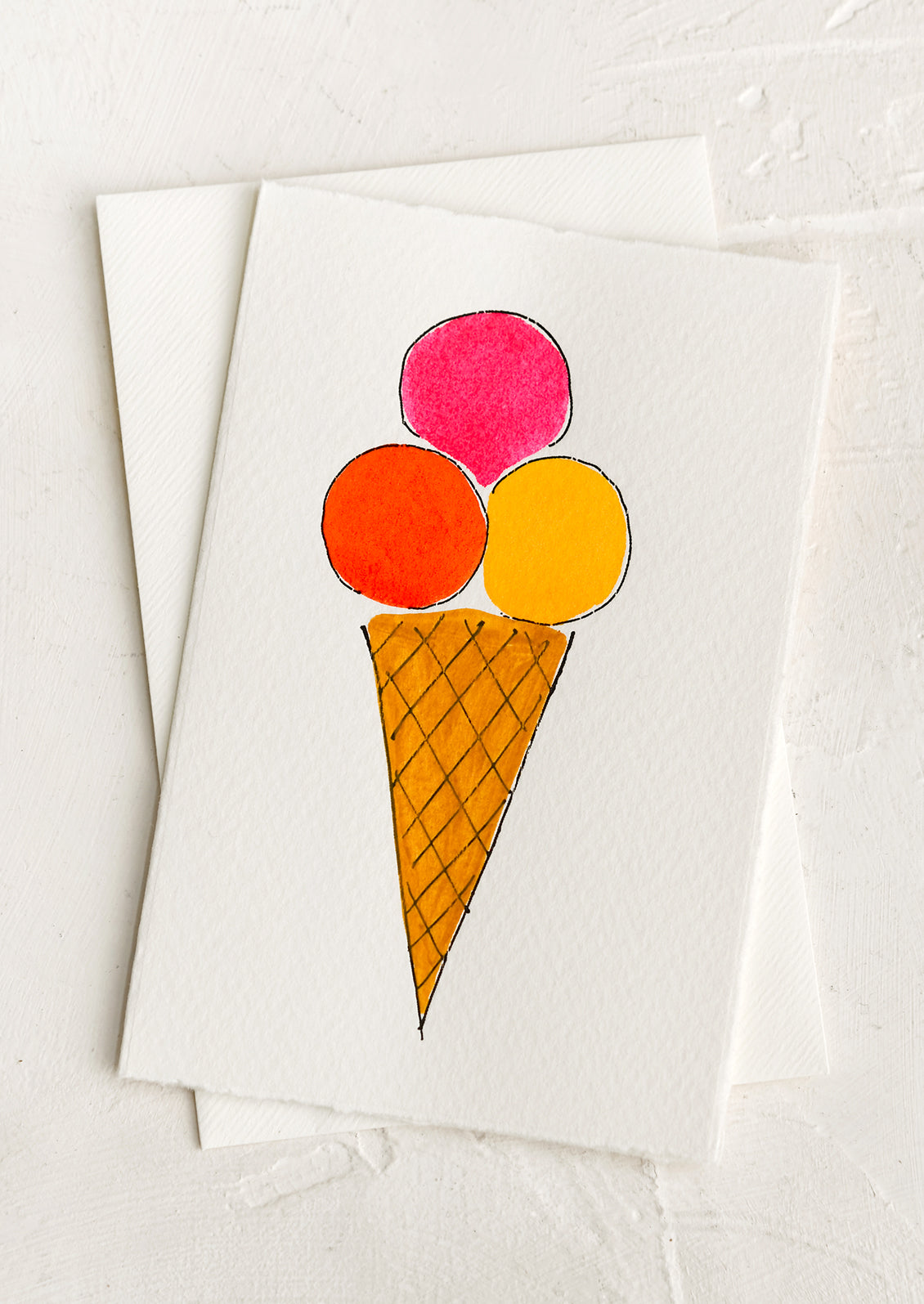 A greeting card with hand painted image of ice cream cone.