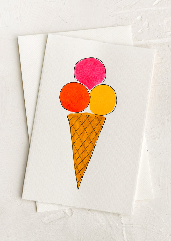 1: A greeting card with hand painted image of ice cream cone.