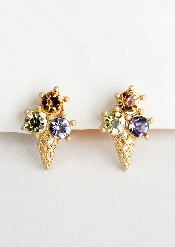 1: A pair of gold stud earrings in shape of ice cream cone with three different color "scoops".