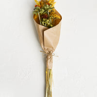 Saffron Multi: A dried floral bouquet in tones of saffron yellow and green with hints of red.