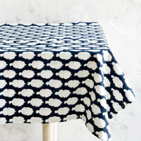 1: Indigo cotton tablecloth with block printed batik print, displayed on table