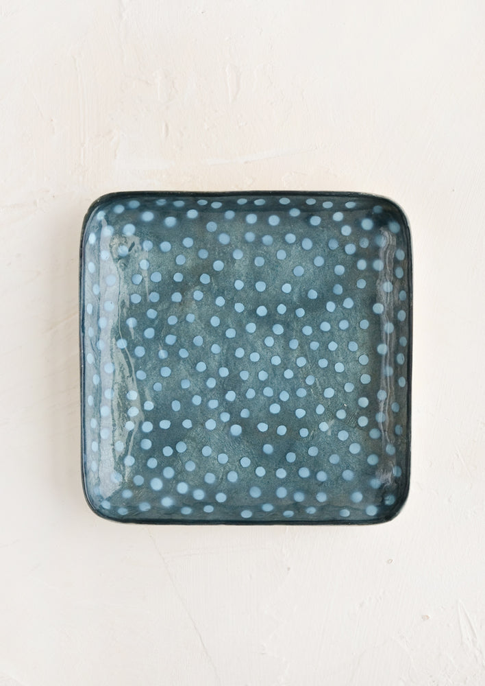 Dot Print: A small square catchall tray in indigo polka dot print.