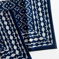 2: A pair of indigo napkins with white block printed pattern.