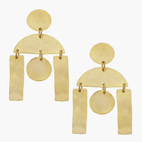 2: A pair of gold earrings with geometric chandelier design.