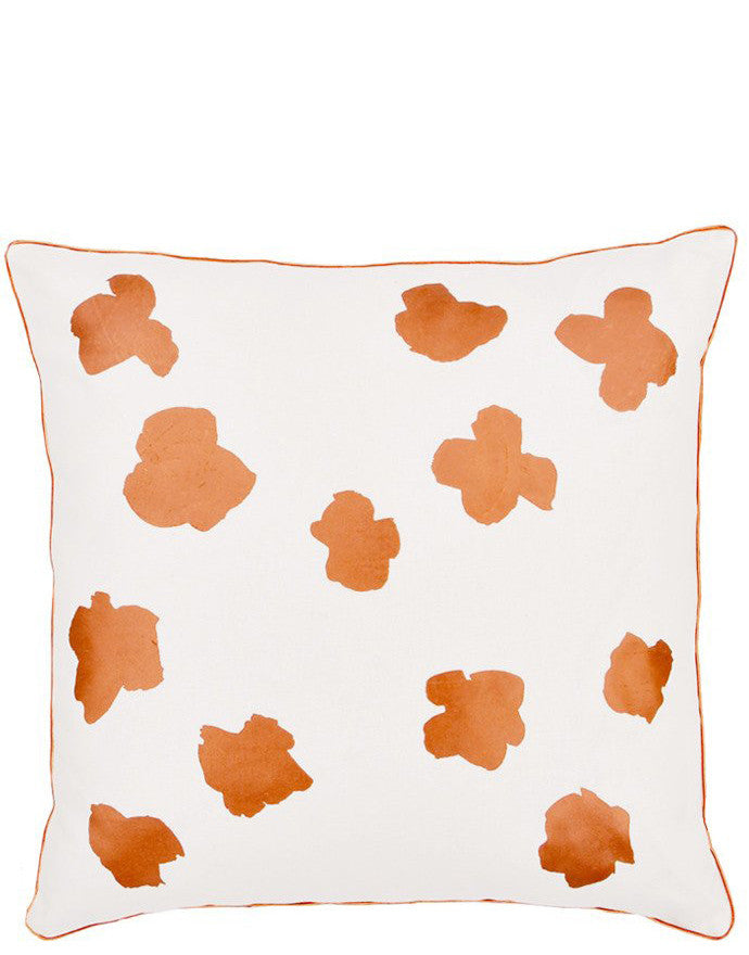 Square Throw Pillow in White with Copper Abstract Flower Print on Front