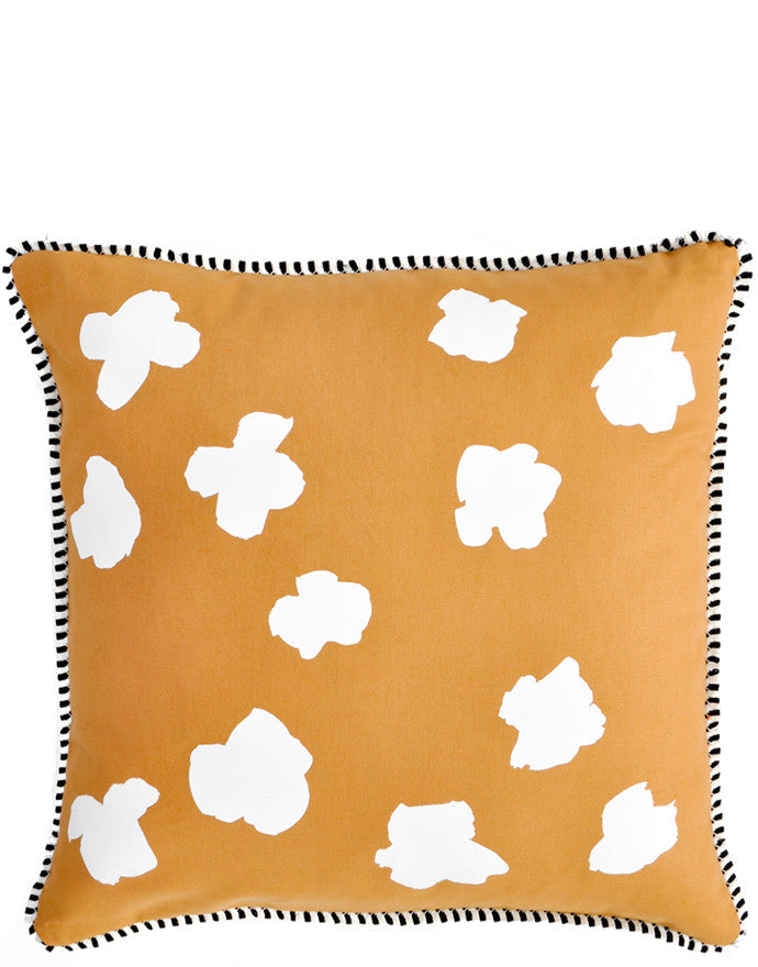 Whiskey / White: Square Throw Pillow in Brown with White Abstract Flower Print on Front