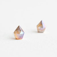 1: Faceted, gemstone shaped earrings with rainbow-like iridescent finish.