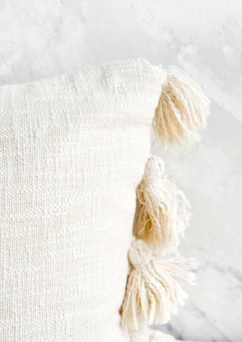 3: Textured cotton pillow with tonal, decorative tassels at side.