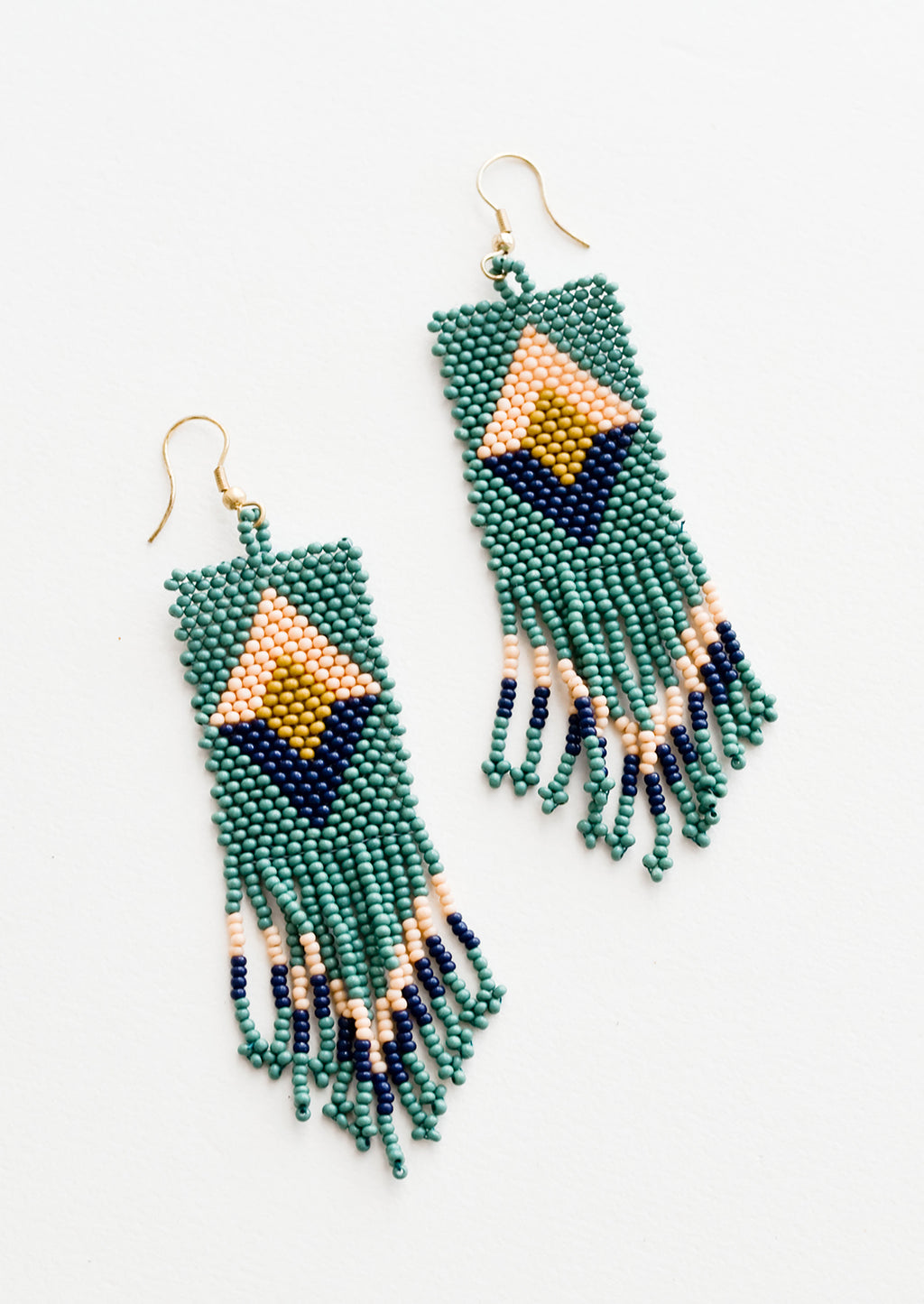 Teal / Pink / Citron: Teal beaded fringe earrings with pink and navy diamond design.