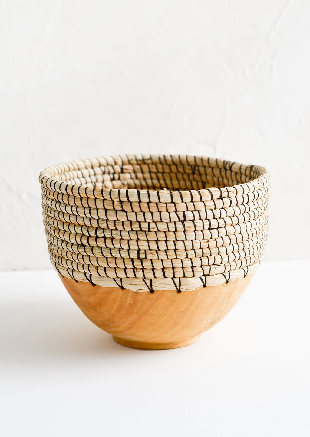 Small: A small bowl made from half wood and half woven grass with black thread.
