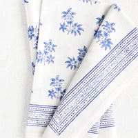 1: Pair of block printed cotton dinner napkins with blue floral pattern