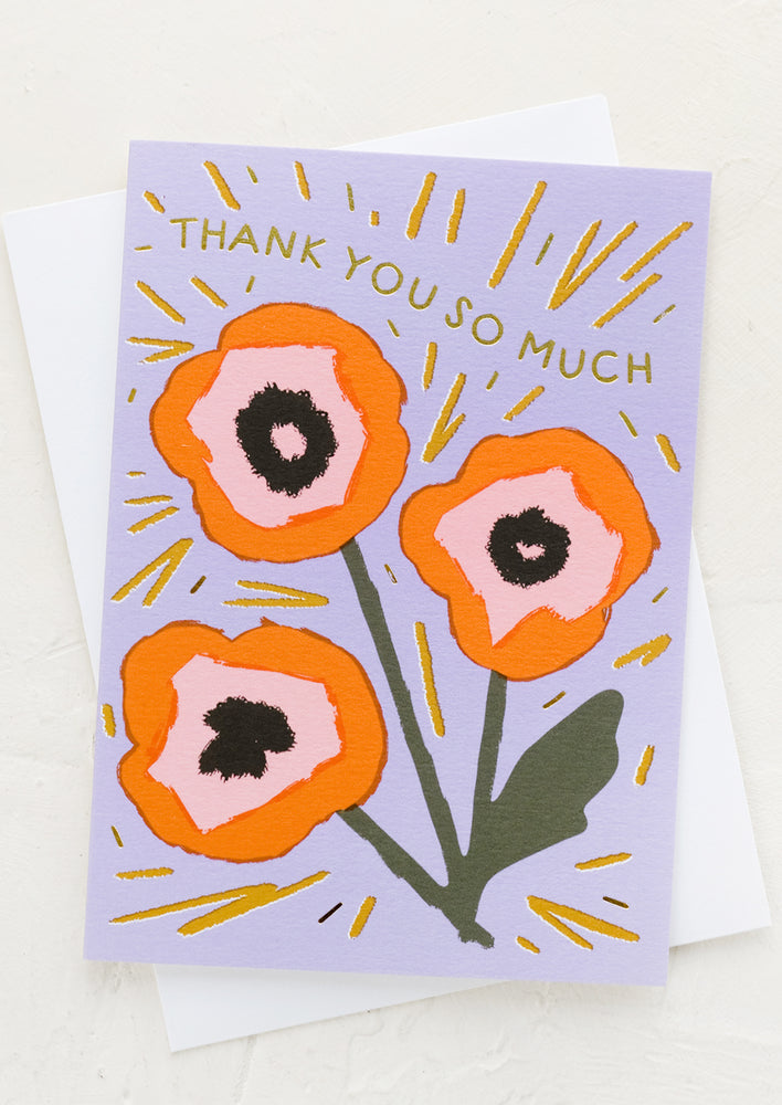 1: A purple greeting card with floral print reading "Thank you so much".