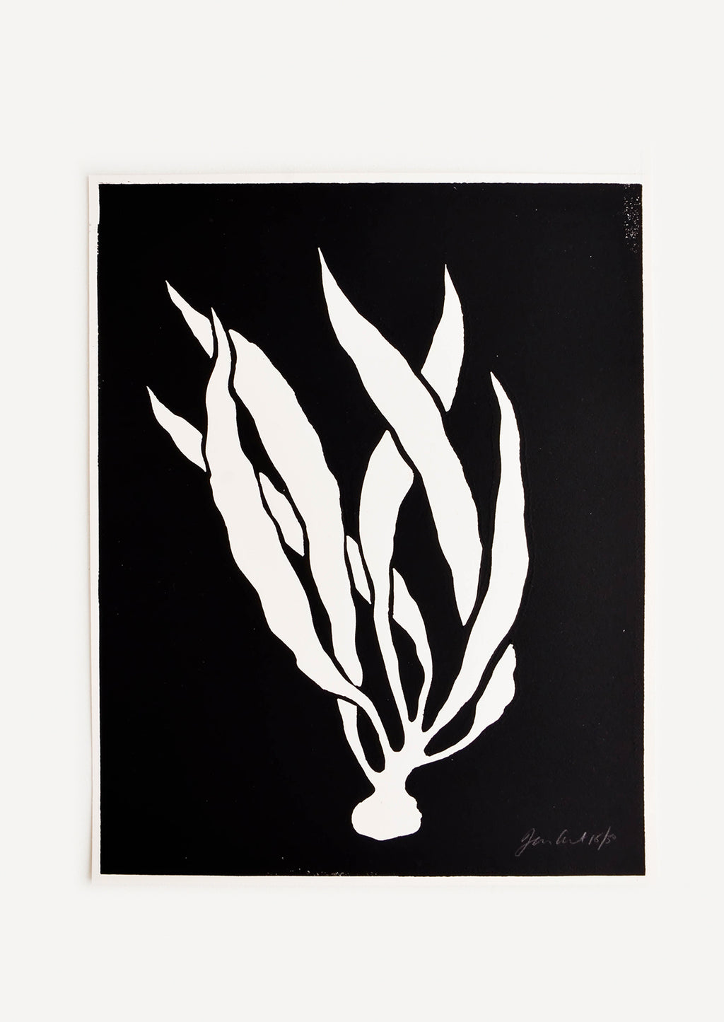 1: Hand printed artwork with black background and silhouetted white seaweed