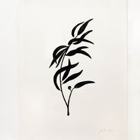 1: Hand printed artwork with off-white background and black silhouette of eucalyptus branch