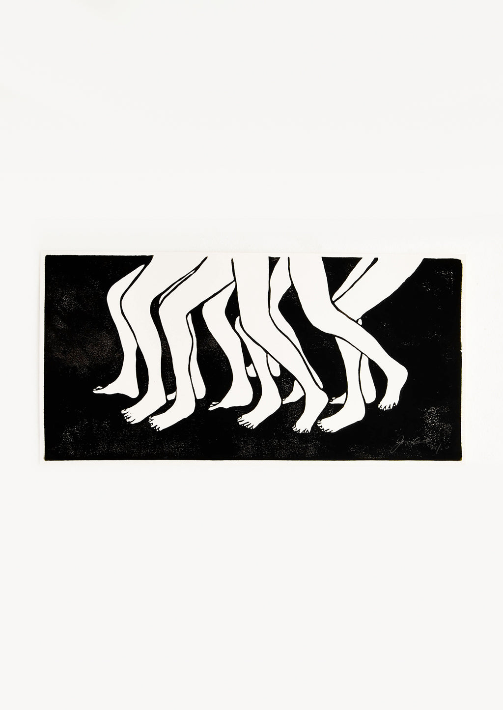 1: Hand printed artwork with black background and a bunch of moving legs in white