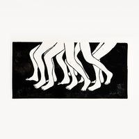 1: Hand printed artwork with black background and a bunch of moving legs in white