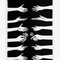 1: Hand printed artwork with black background and white printed hands reaching across to each other