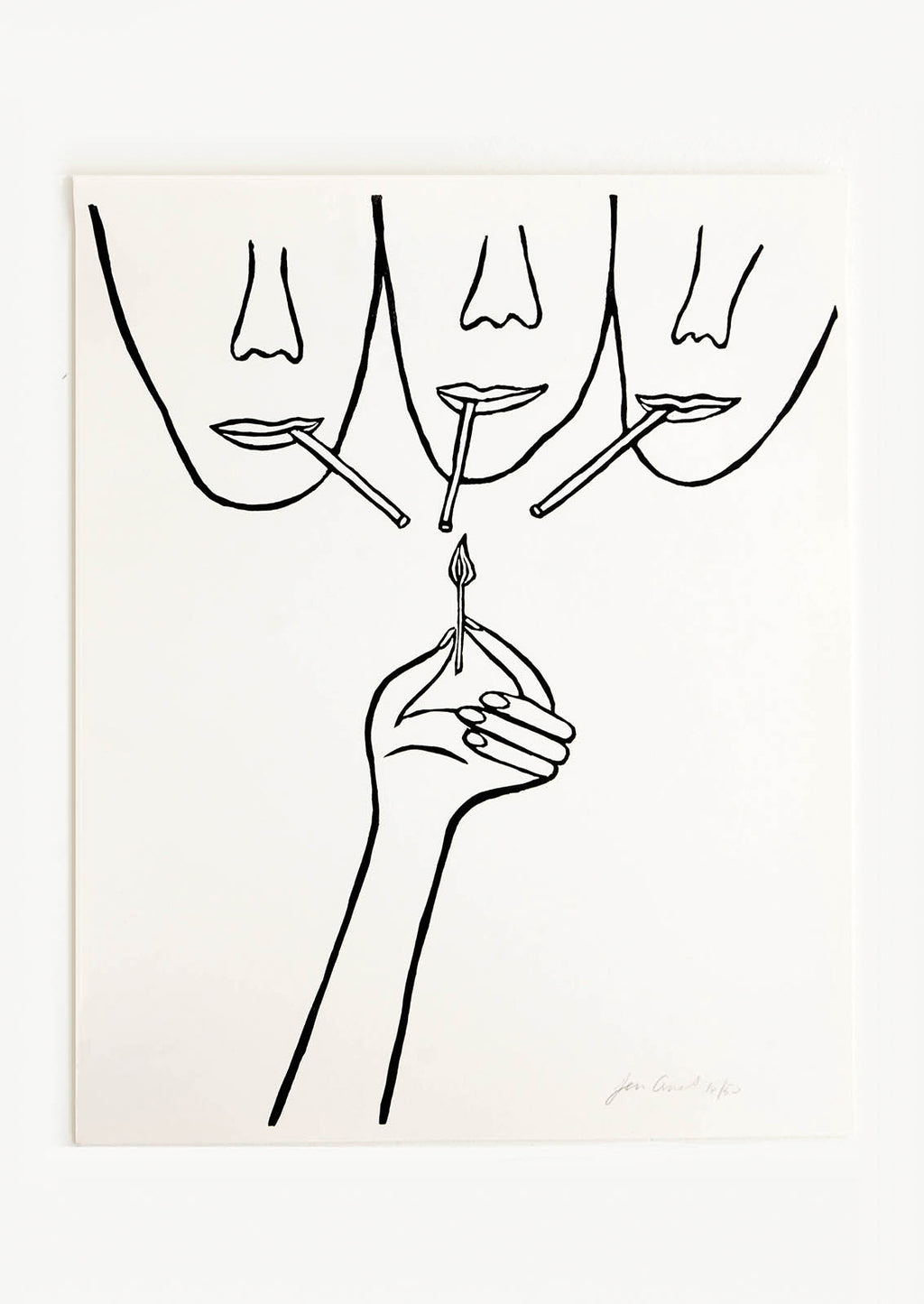 1: Hand printed artwork with off-white background and black drawing of three faces from the nose down, holding cigarettes up to a flame