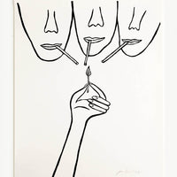 1: Hand printed artwork with off-white background and black drawing of three faces from the nose down, holding cigarettes up to a flame