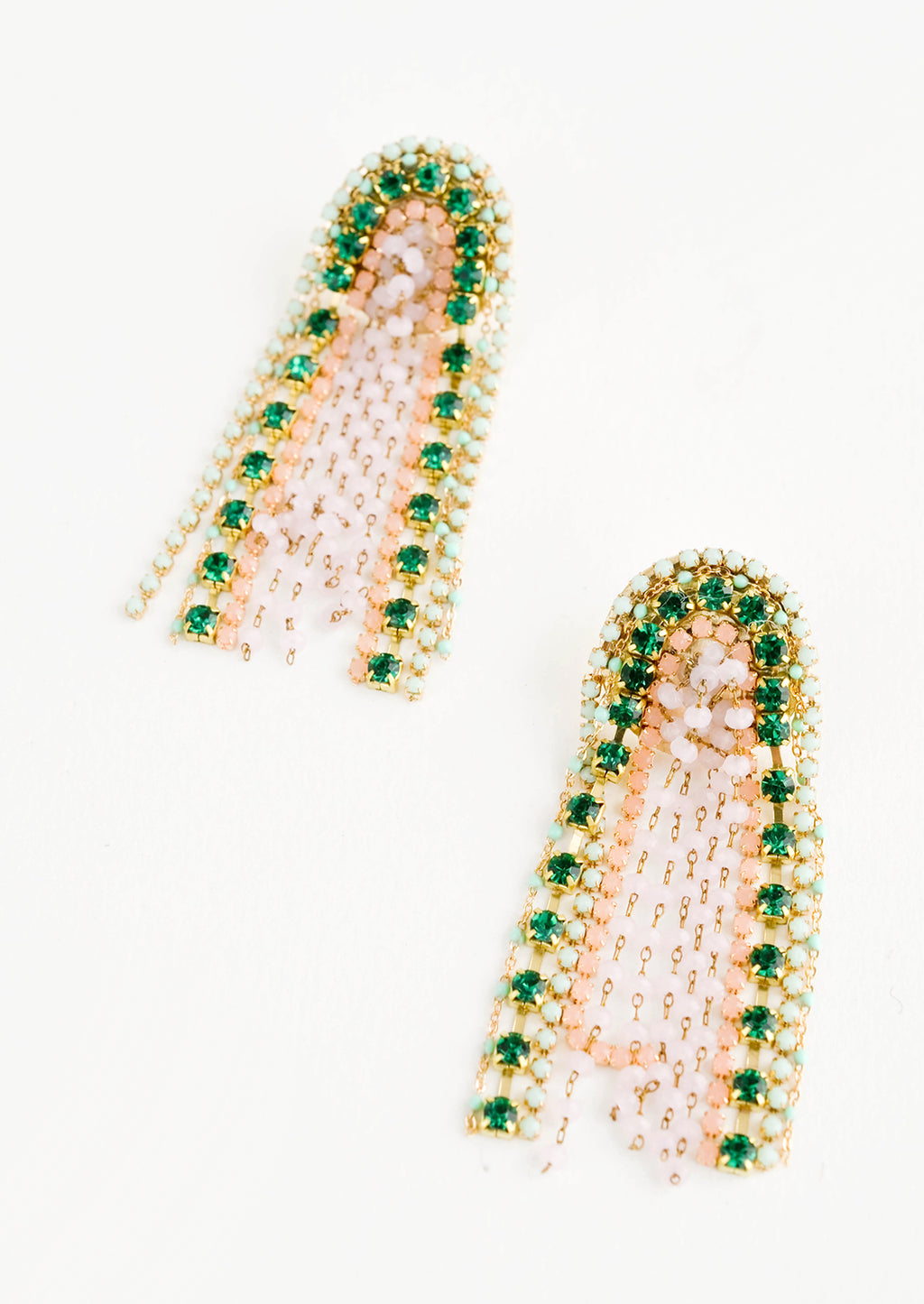 Emerald Multi: Long, dangling earrings in the shape of a rainbow. Four different bands of color.