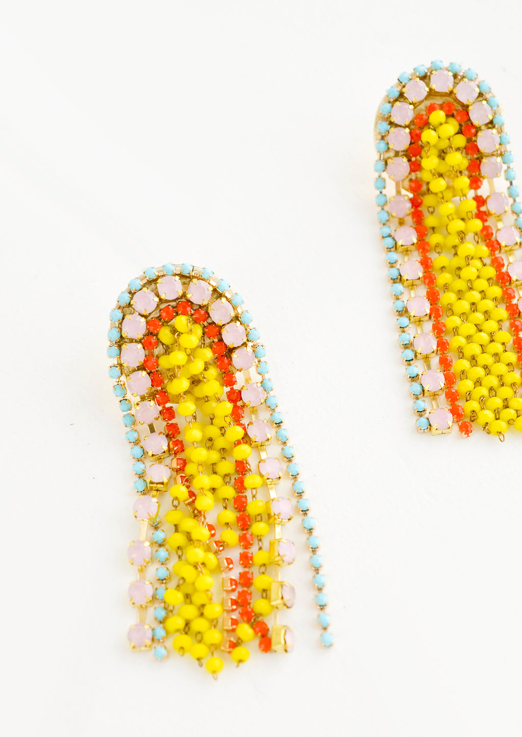 Yellow Multi: Long, dangling earrings in the shape of a rainbow. Four brightly colored bands of color.