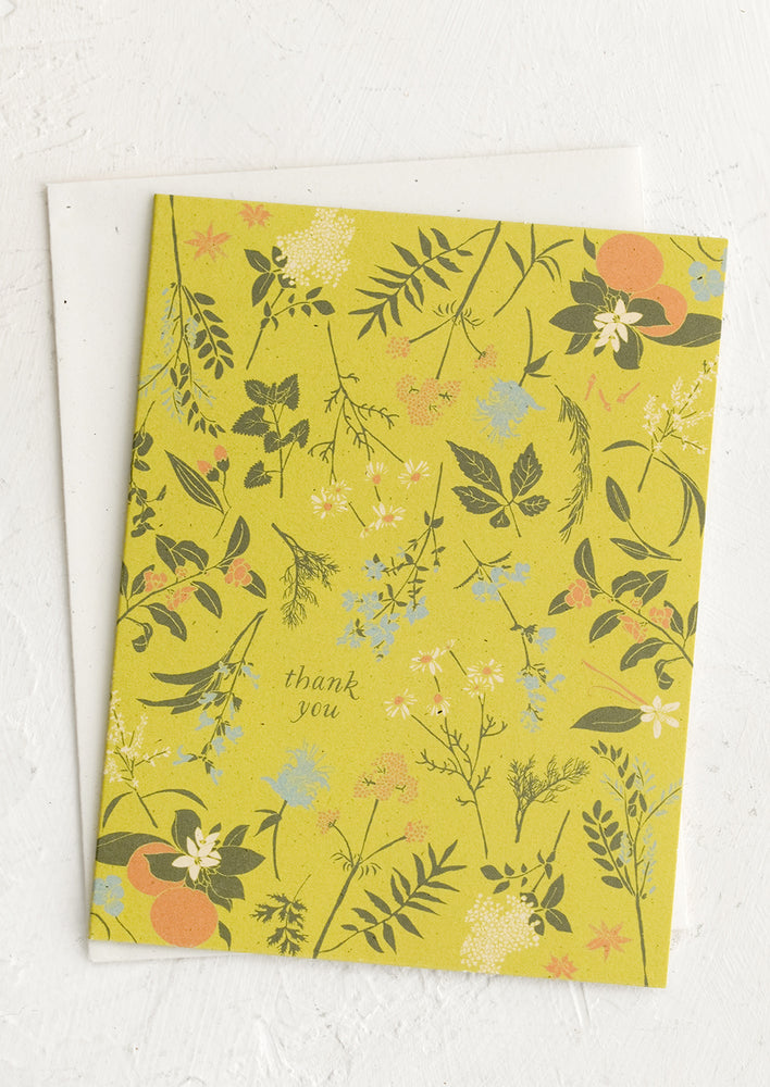 Single Card: A chartreuse herb and floral print thank you card.