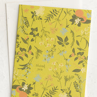 Single Card: A chartreuse herb and floral print thank you card.