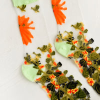 2: Sheer mesh socks with jungle print and mint green trim.