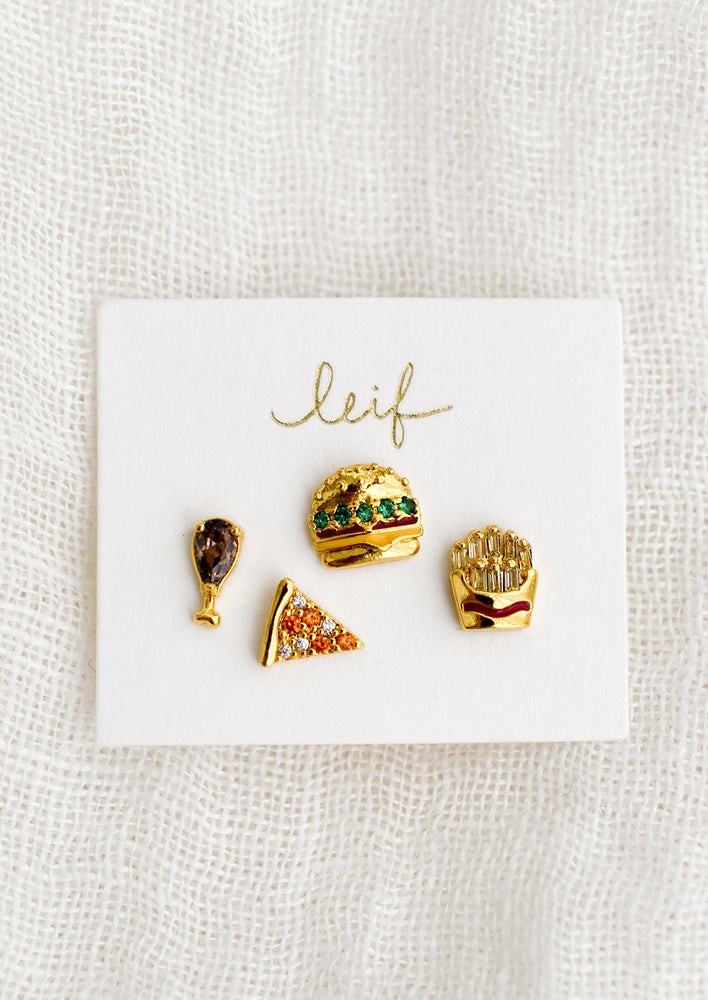 A set of four small stud earrings in fast food theme.