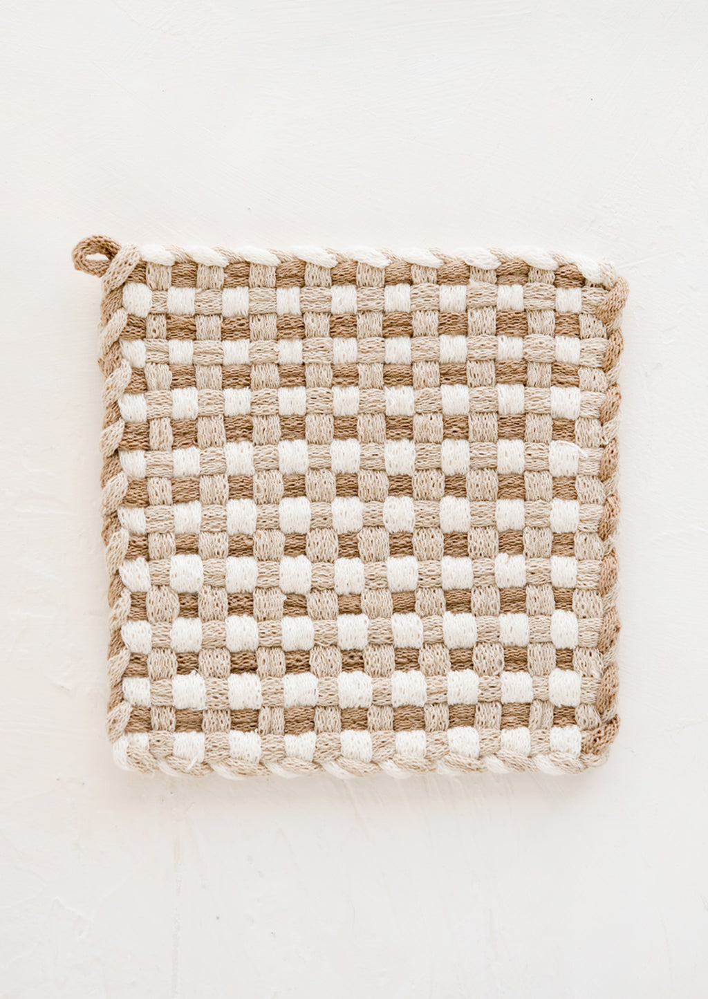 Ivory / Tan / Taupe: A hand-knit potholder in checkered weave of ivory, taupe and tan..