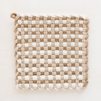 Ivory / Tan / Taupe: A hand-knit potholder in checkered weave of ivory, taupe and tan..