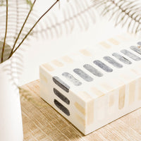 1: Decorative storage box made from bone with tan and grey inlay