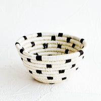 Black / White Dash: Small woven catchall bowl made from sweetgrass in a black and white dash print design.