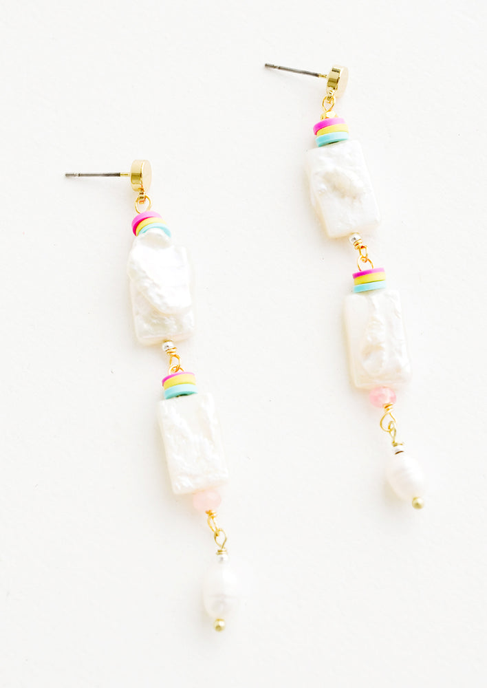 Dangling post-back earrings with rectangular freshwater pearls layered with colored heishi beads