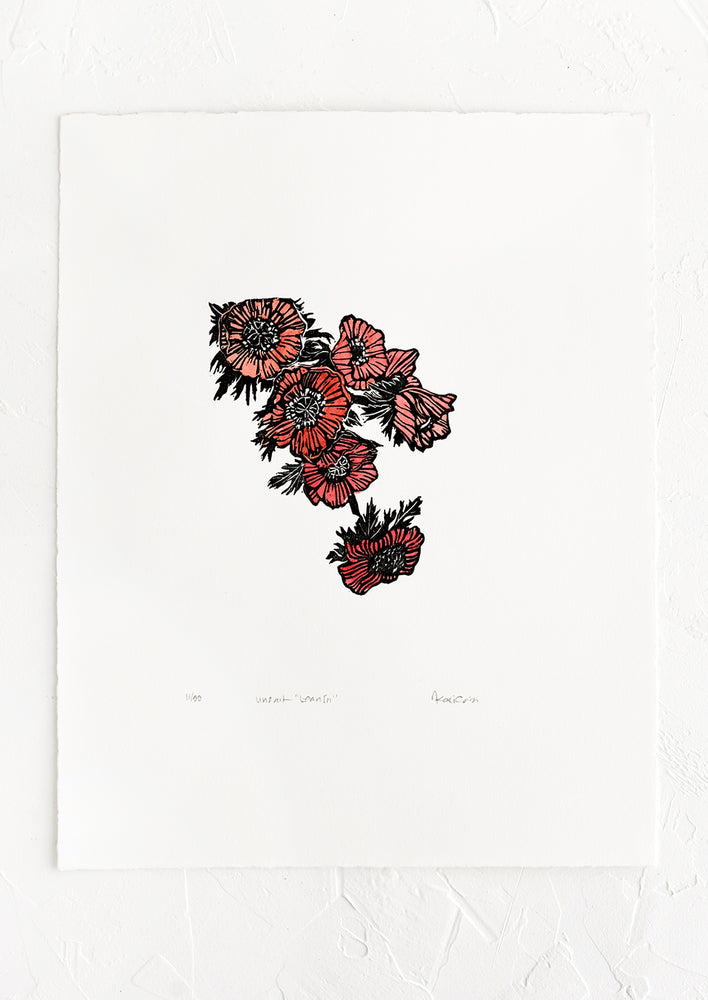 1: A linocut floral print in red.