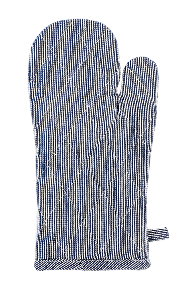 Navy Pinstripe: A blue and white horizontal stripe oven mitt.